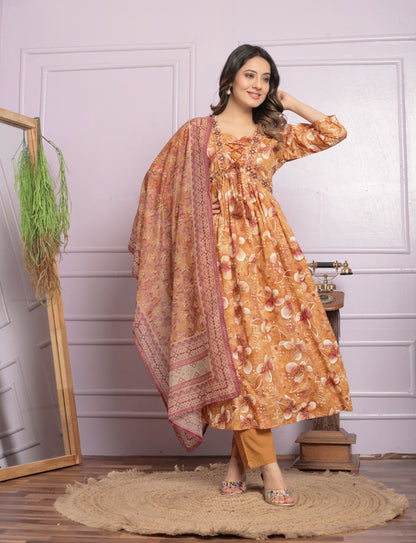 Mustard Cambric Cotton Embroidered Kurti Set