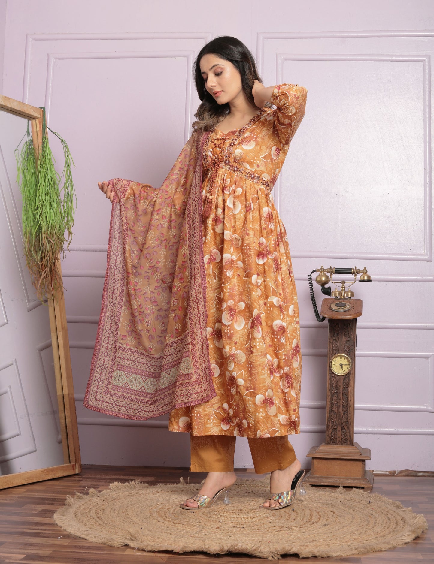 Mustard Cambric Cotton Embroidered Kurti Set