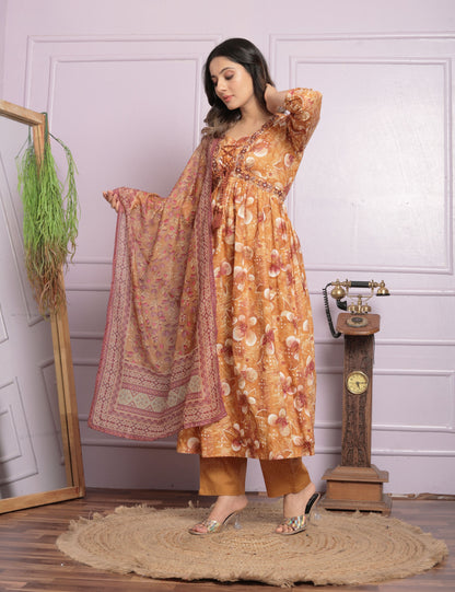 Mustard Cambric Cotton Embroidered Kurti Set