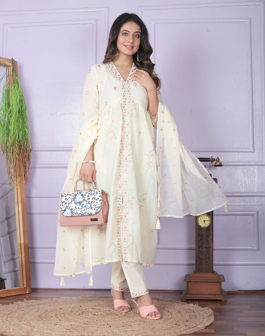 Natural Cream Cambric Cotton Kiara Cut Kurti Set
