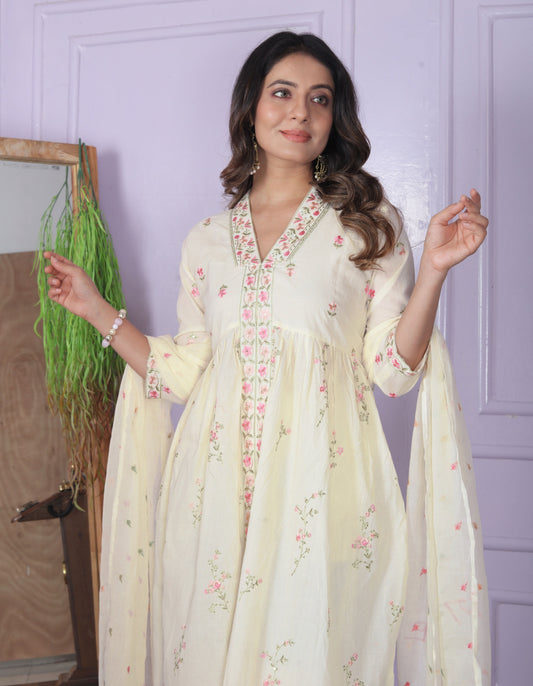 Natural Cream Cambric Cotton Kiara Cut Kurti Set