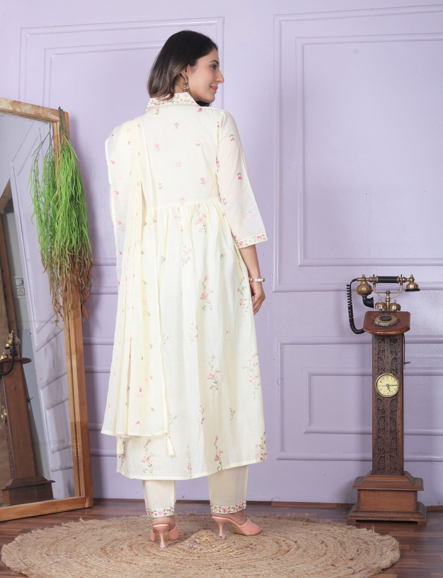 Natural Cream Cambric Cotton Kiara Cut Kurti Set
