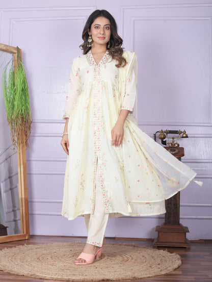 Natural Cream Cambric Cotton Kiara Cut Kurti Set