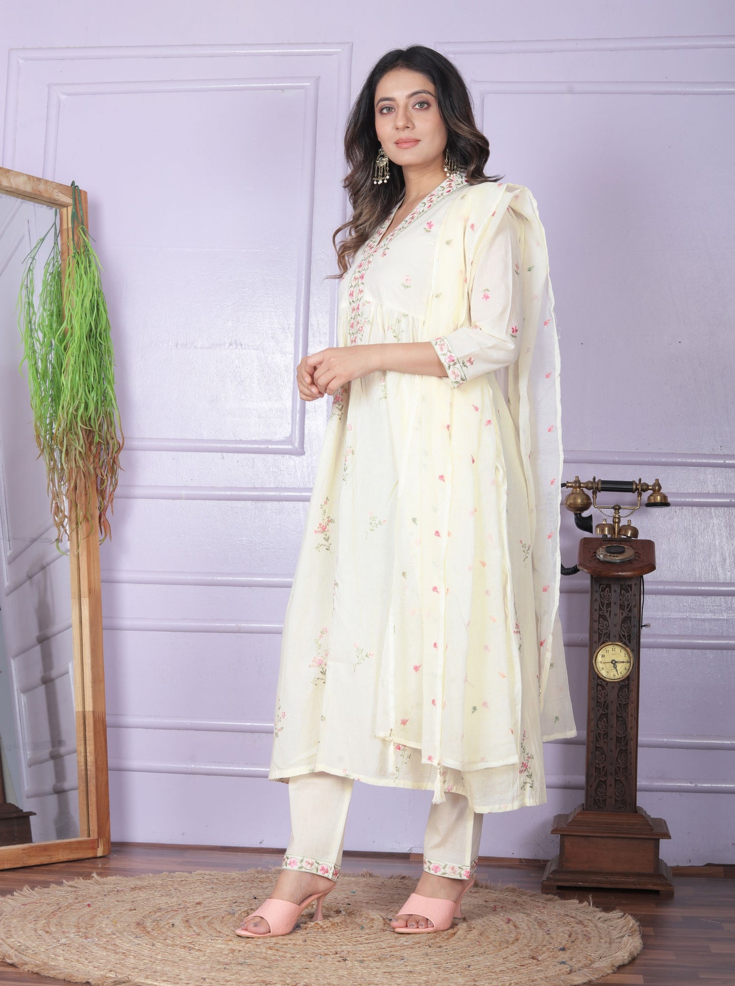 Natural Cream Cambric Cotton Kiara Cut Kurti Set