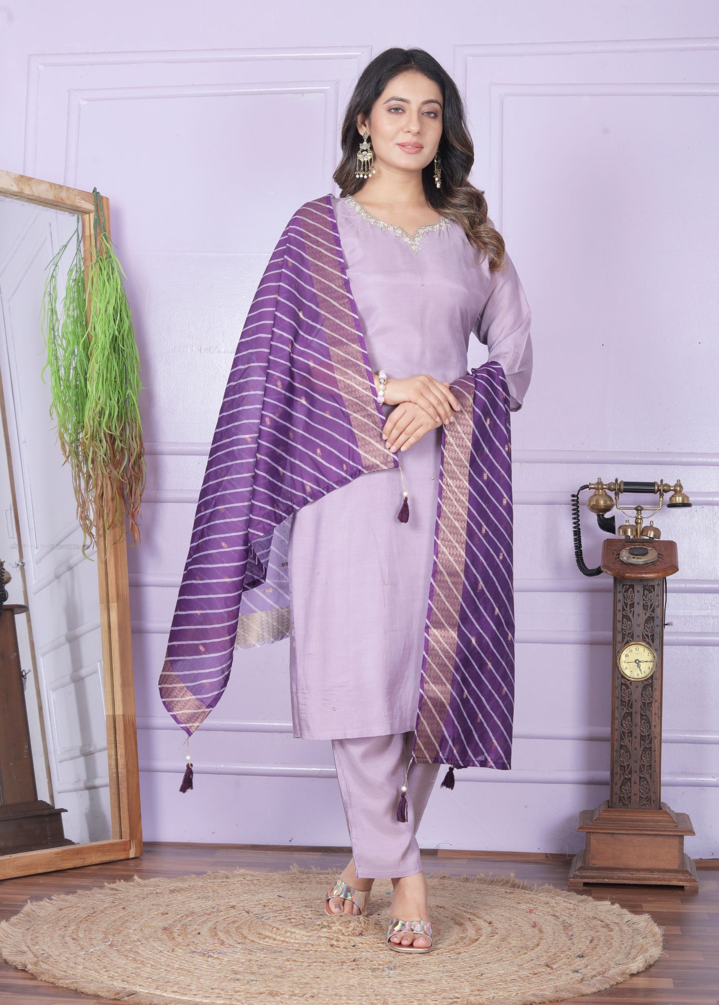 Purple Viscose Muslin Handworked Kurti Set