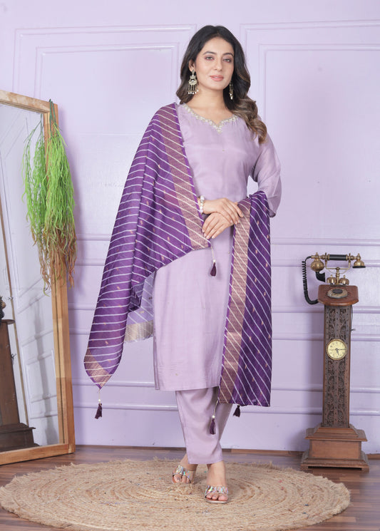 Purple Viscose Muslin Handworked Kurti Set