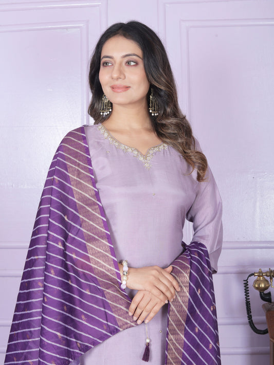 Purple Viscose Muslin Handworked Kurti Set