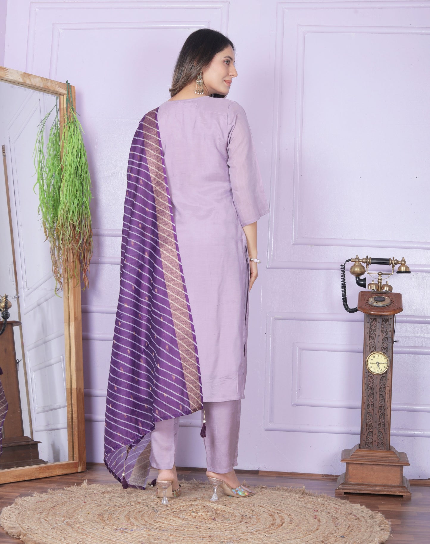Purple Viscose Muslin Handworked Kurti Set