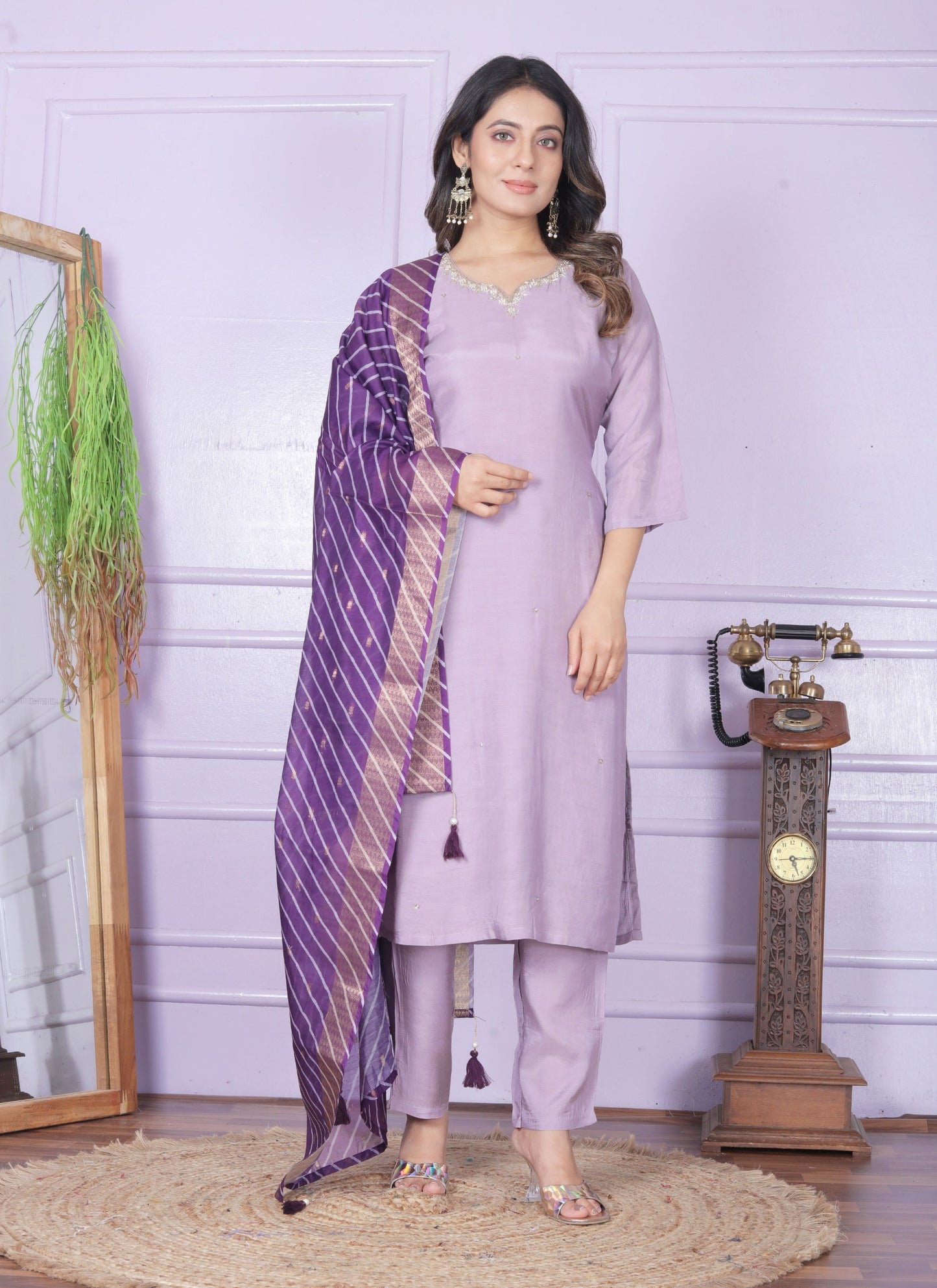 Purple Viscose Muslin Handworked Kurti Set
