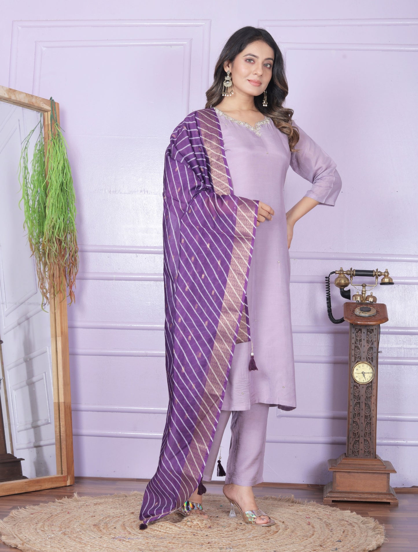 Purple Viscose Muslin Handworked Kurti Set