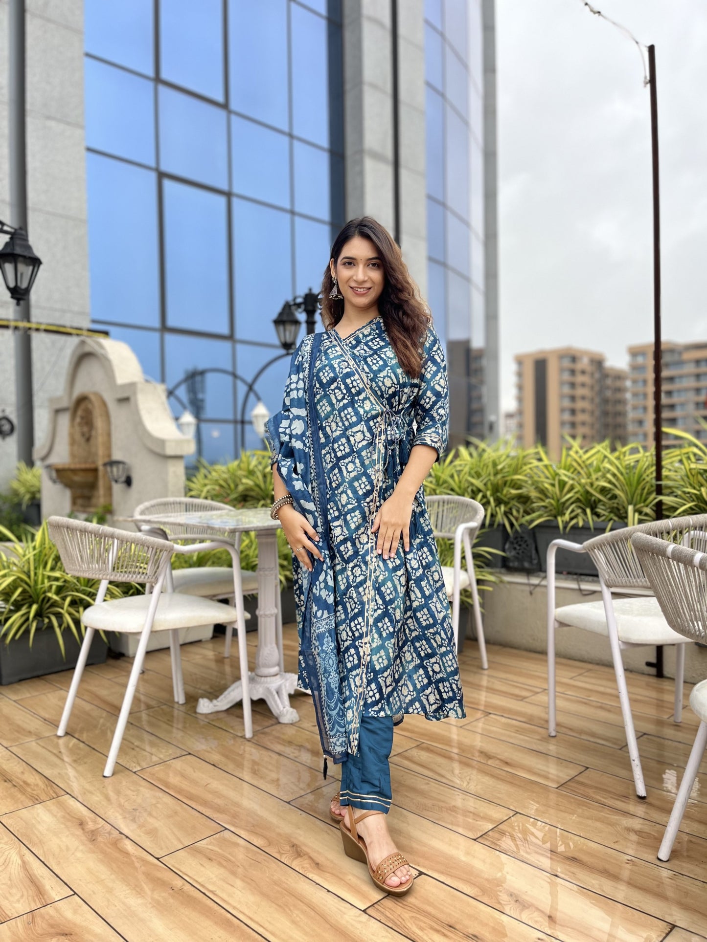 Indigo Blue Modal Silk Angarkha Kurti Set