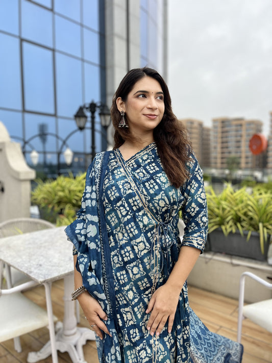 Indigo Blue Modal Silk Angarkha Kurti Set