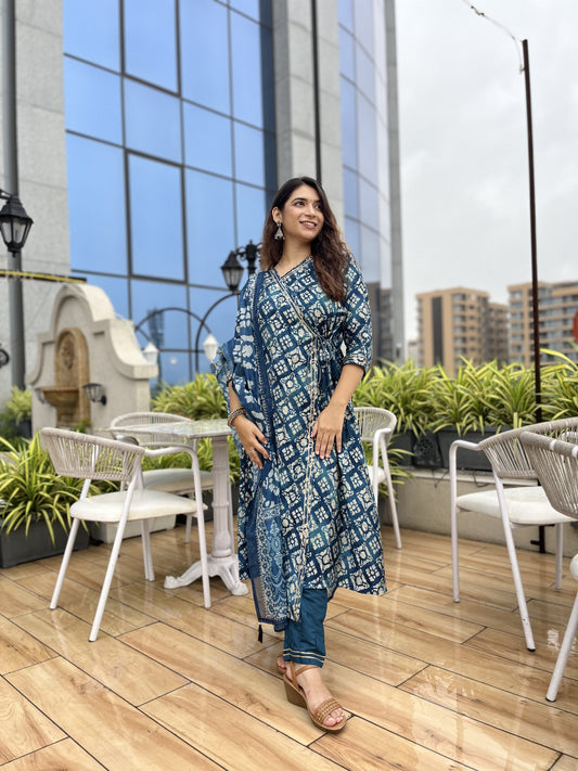 Indigo Blue Modal Silk Angarkha Kurti Set