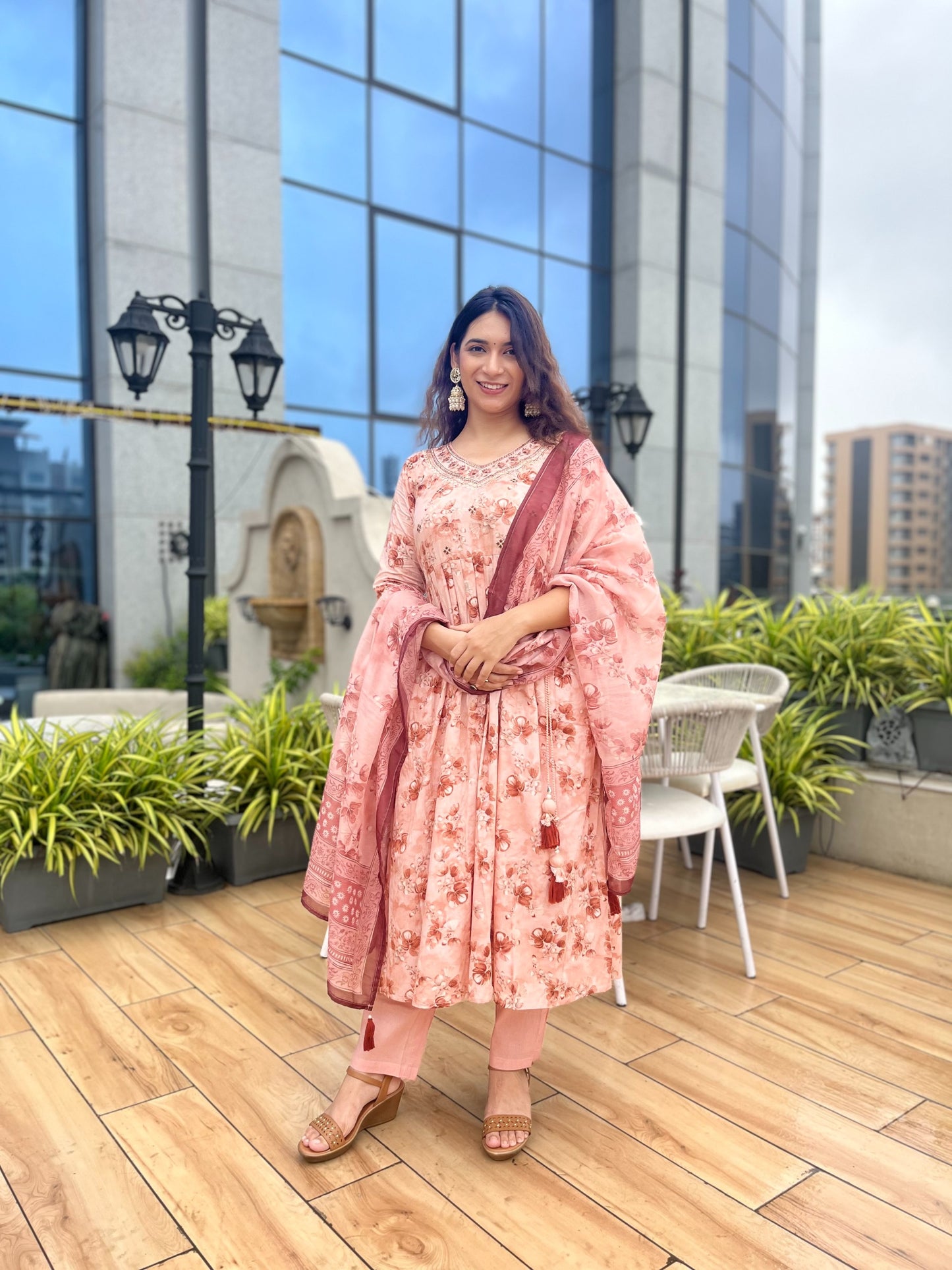 Peach Cambric Cotton Flare Dress with Pants