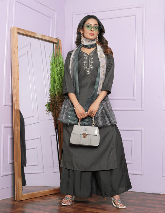 Grey Roman Silk Kurti with Divider Palazzo