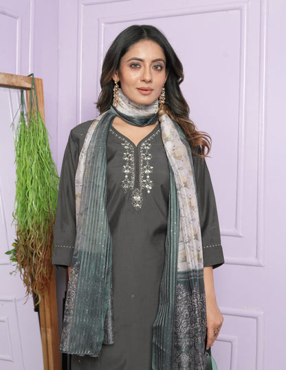 Grey Roman Silk Kurti with Divider Palazzo