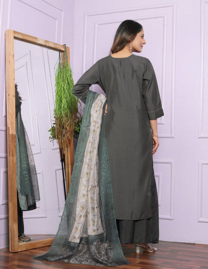 Grey Roman Silk Kurti with Divider Palazzo