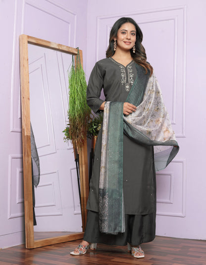 Grey Roman Silk Kurti with Divider Palazzo