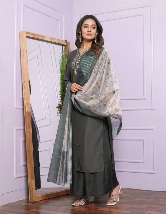Grey Roman Silk Kurti with Divider Palazzo