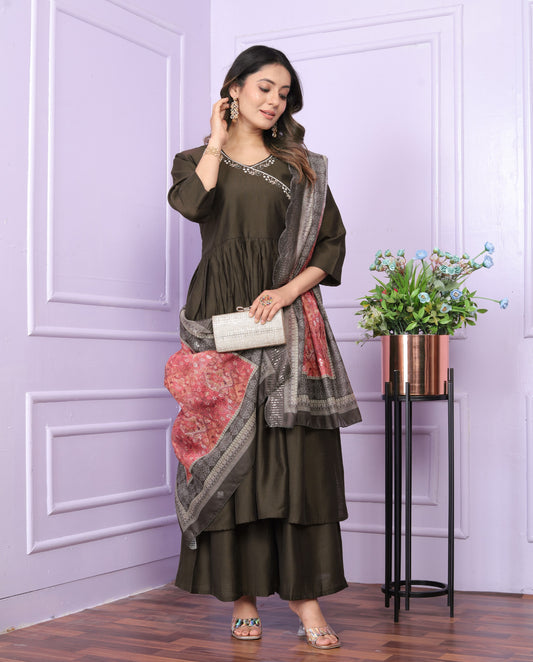 Olive Brown Viscose Slub Angarkha Kurti with Palazzo