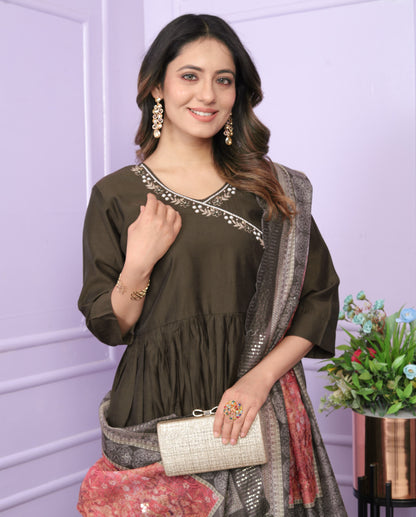 Olive Brown Viscose Slub Angarkha Kurti with Palazzo