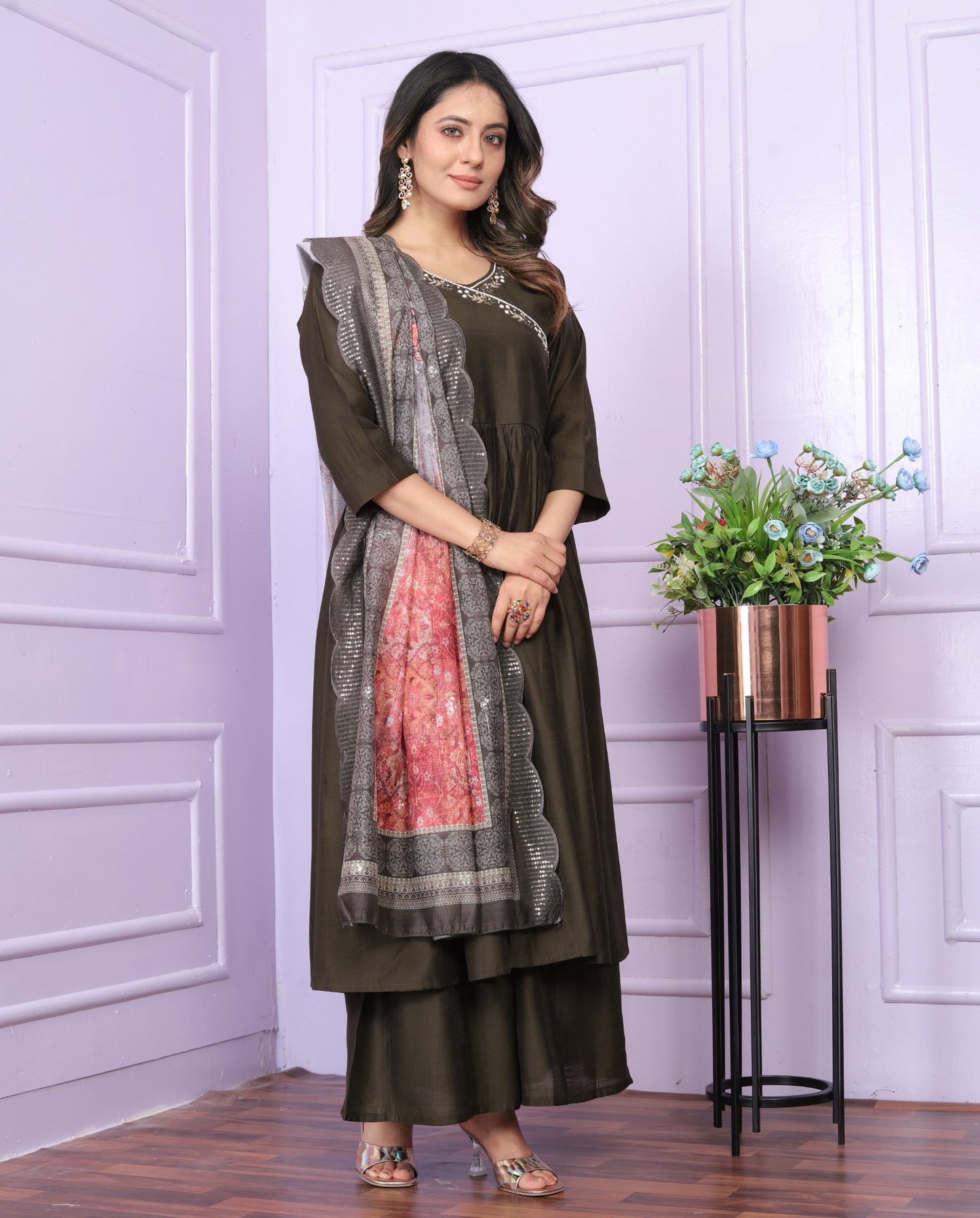 Olive Brown Viscose Slub Angarkha Kurti with Palazzo