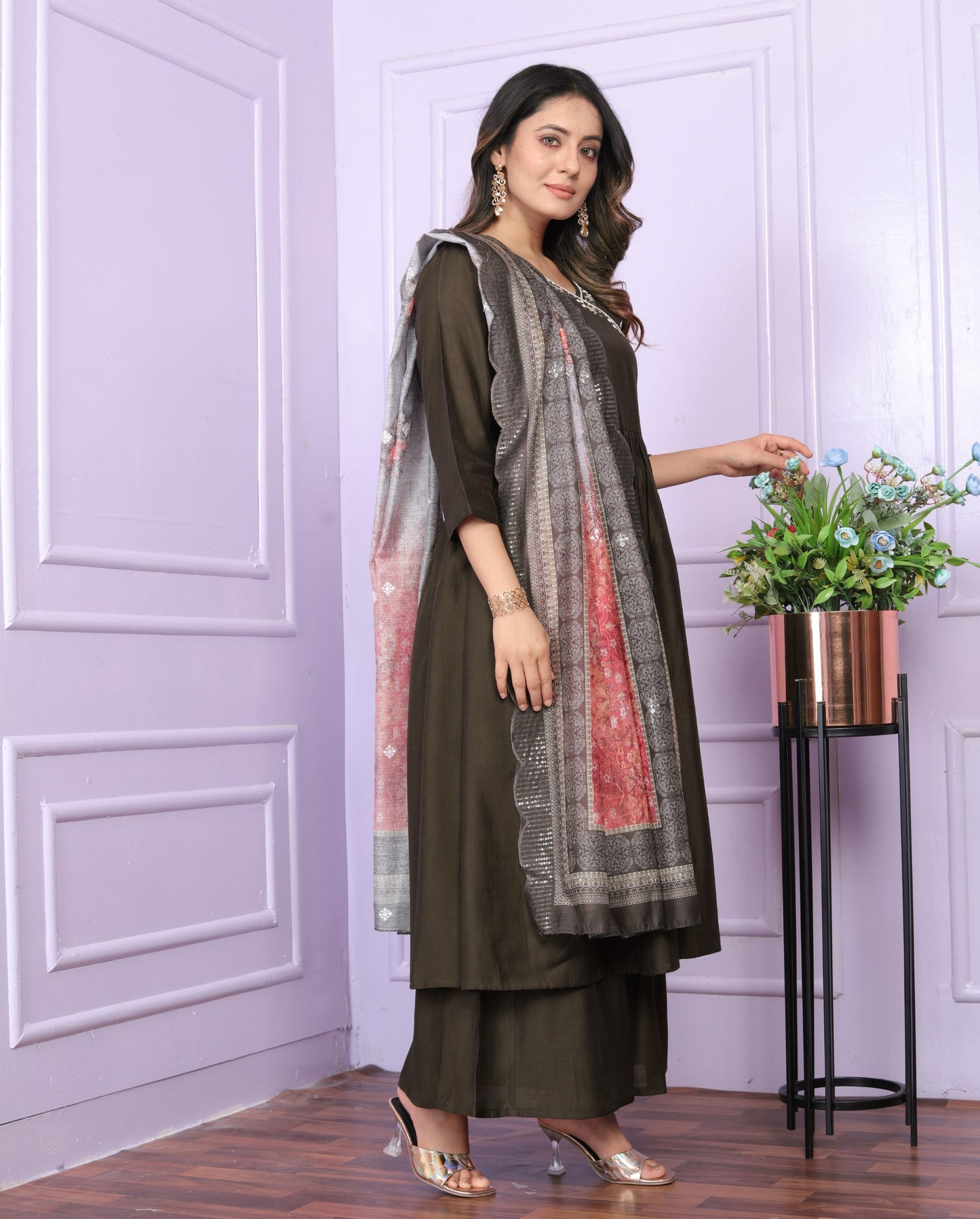 Olive Brown Viscose Slub Angarkha Kurti with Palazzo