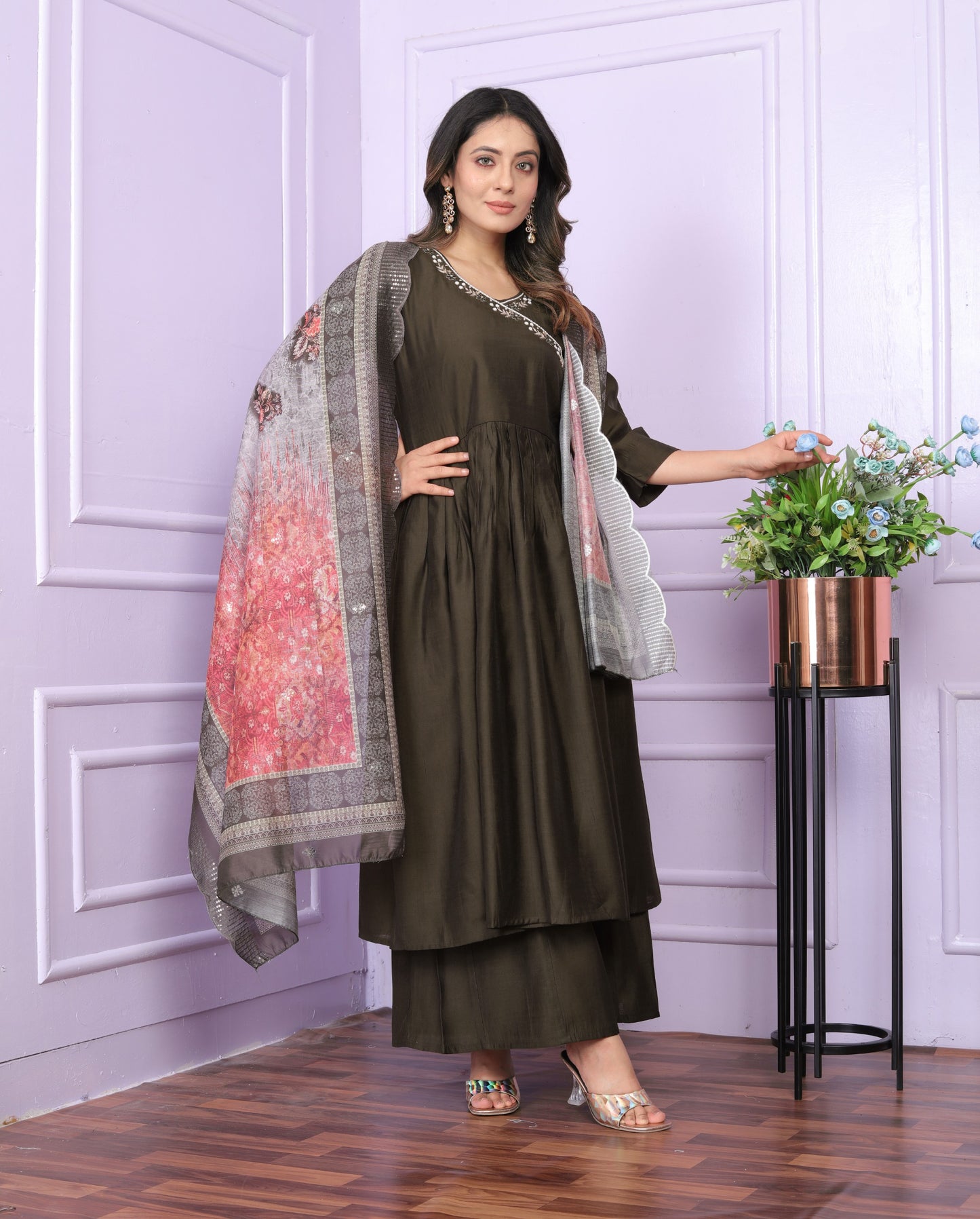Olive Brown Viscose Slub Angarkha Kurti with Palazzo