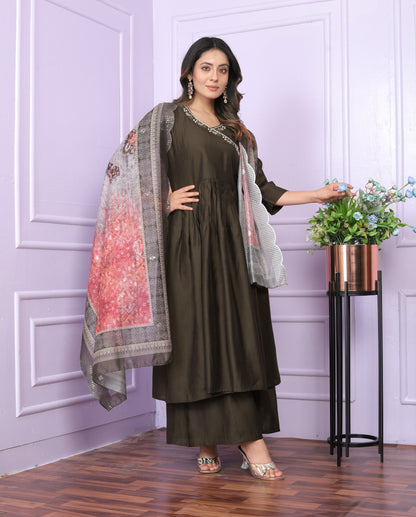 Olive Brown Viscose Slub Angarkha Kurti with Palazzo
