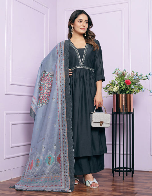 Blue Viscose Slub V-Neck Gher Kurti with Palazzo
