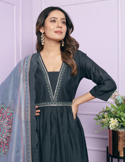 Blue Viscose Slub V-Neck Gher Kurti with Palazzo