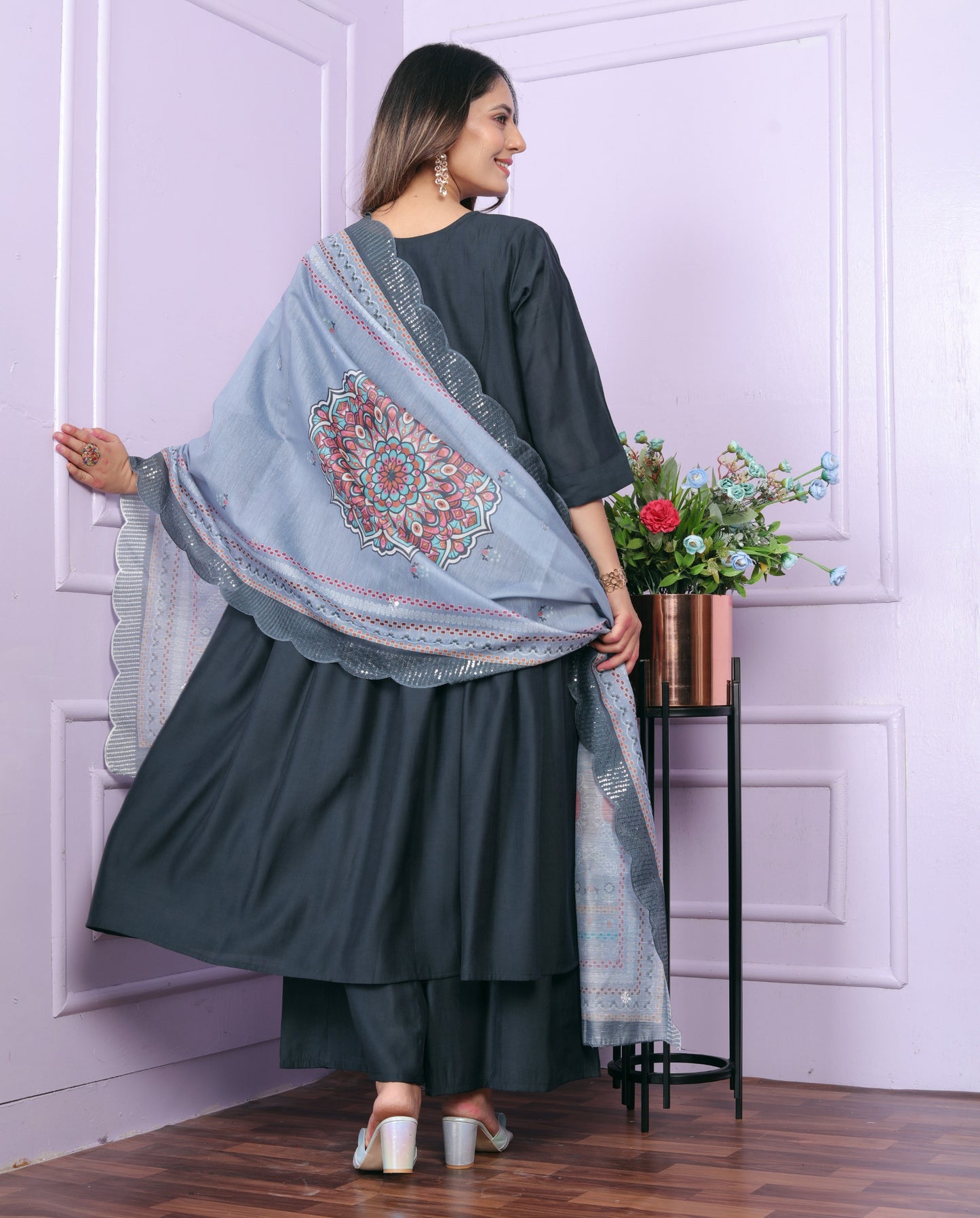 Blue Viscose Slub V-Neck Gher Kurti with Palazzo