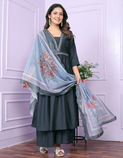 Blue Viscose Slub V-Neck Gher Kurti with Palazzo