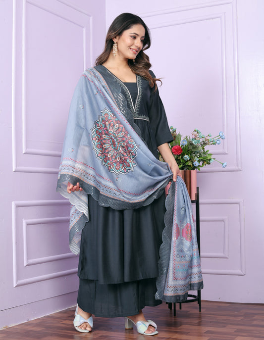 Blue Viscose Slub V-Neck Gher Kurti with Palazzo