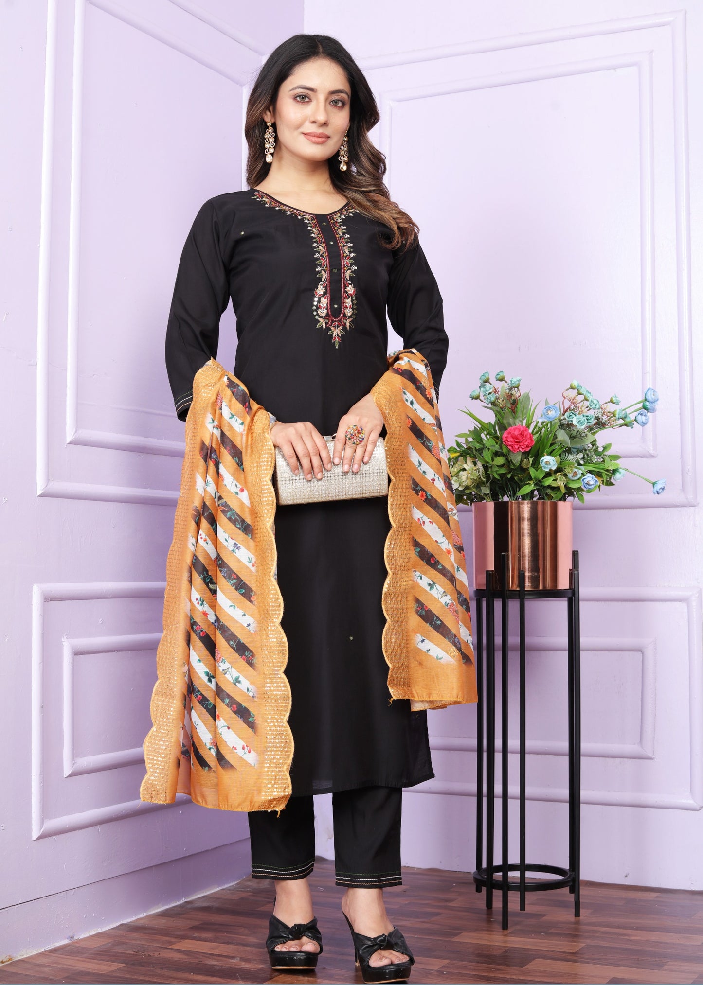Black Roman Silk Round Neck Straight Kurti with Pant