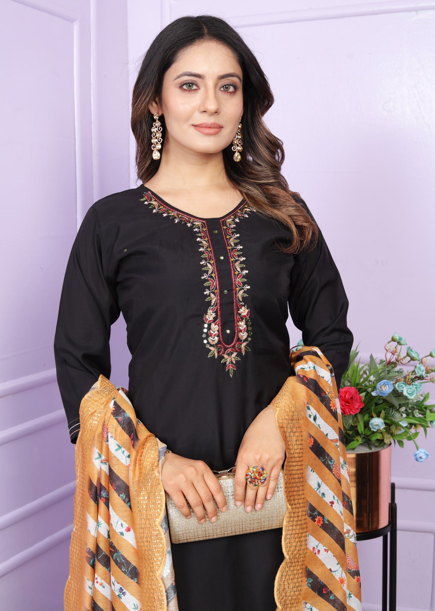 Black Roman Silk Round Neck Straight Kurti with Pant
