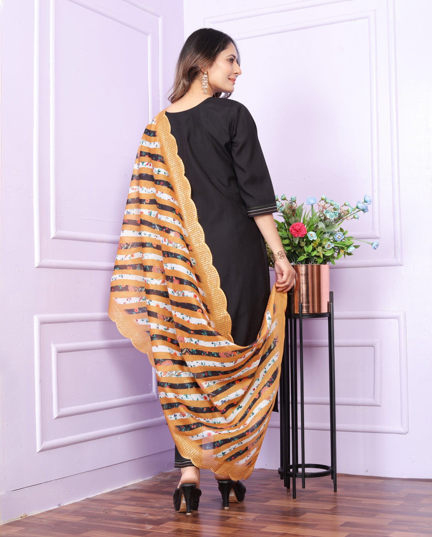 Black Roman Silk Round Neck Straight Kurti with Pant