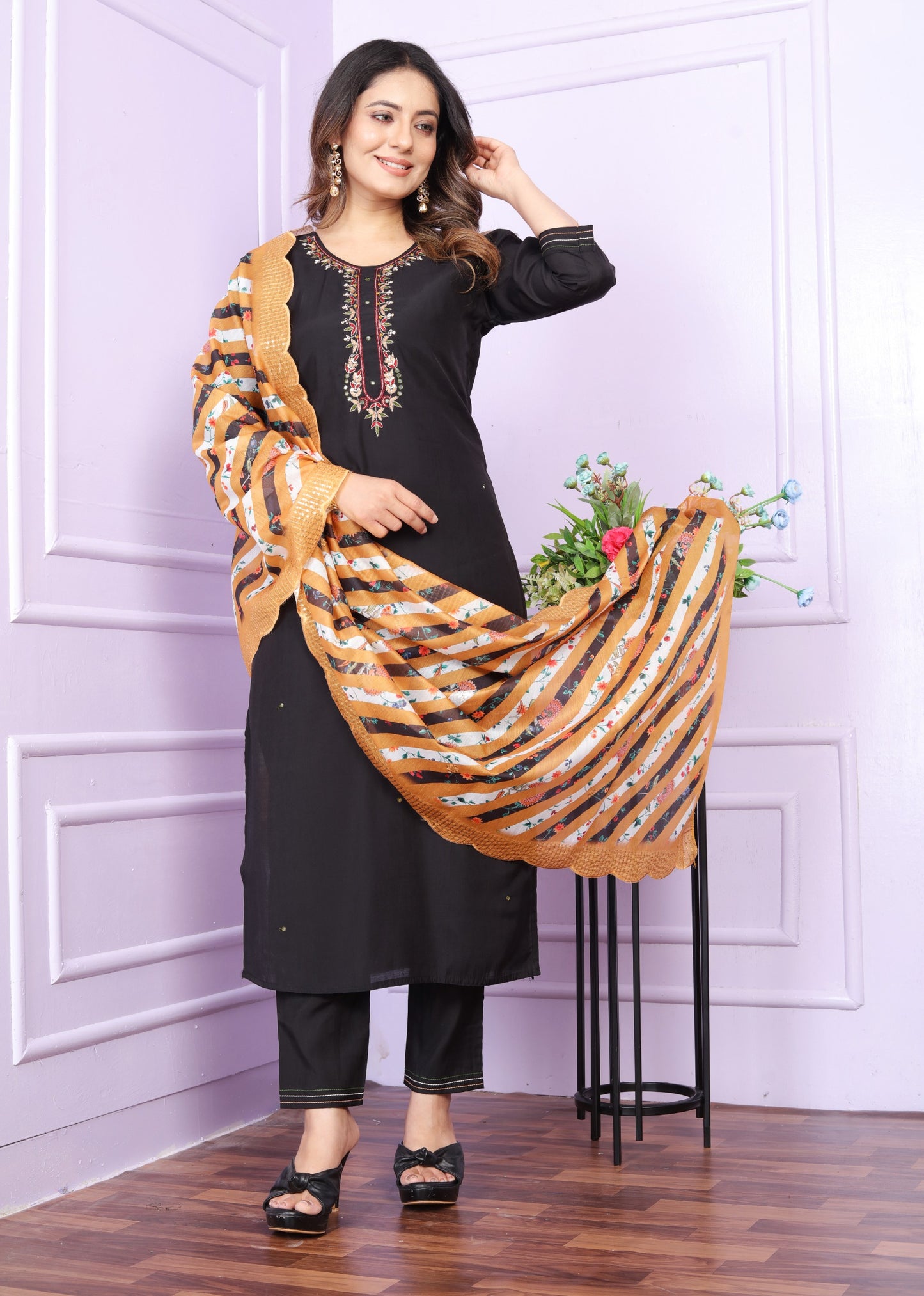 Black Roman Silk Round Neck Straight Kurti with Pant