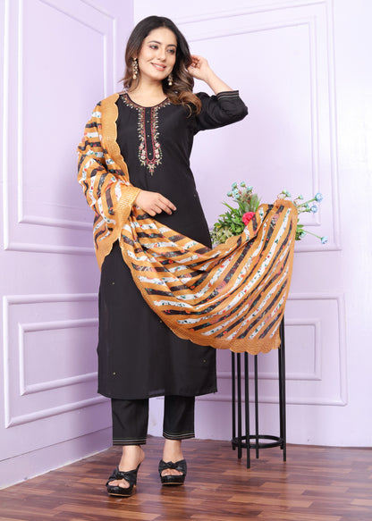 Black Roman Silk Round Neck Straight Kurti with Pant