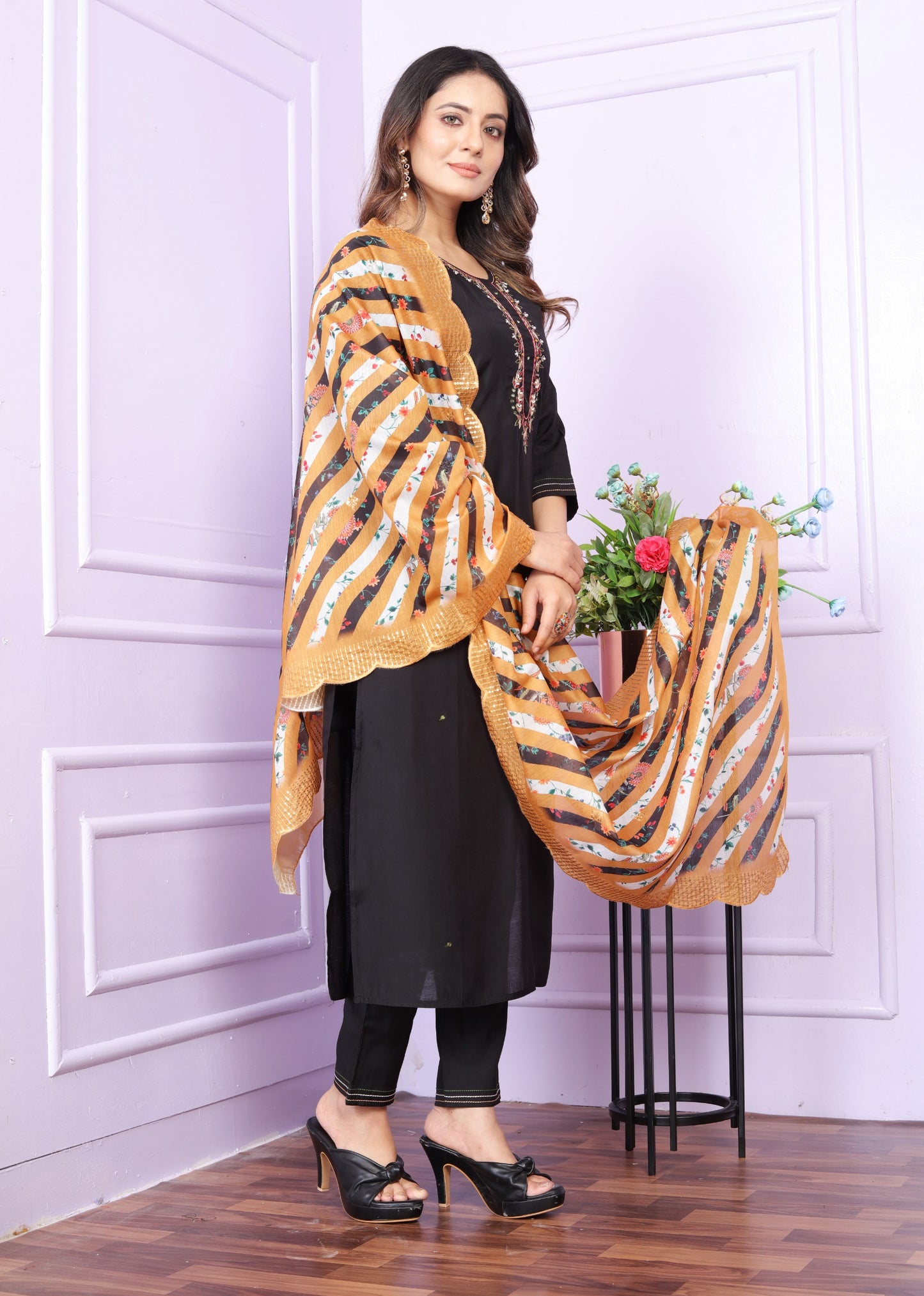 Black Roman Silk Round Neck Straight Kurti with Pant