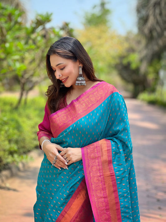 Paithani Silk Saree with Zari & Contrast Pallu